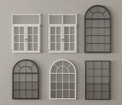 Different Design Windows in White and Black Arched Rectangular Frames 3d model