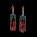 Two Transparent Wine Bottles With Wooden Corks Colorful Square Labels Colored Liquids On Gray Background