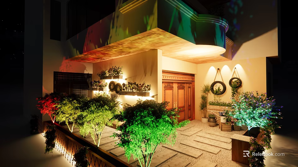 Detached Villa With Wooden Door Courtyard Green Plants And Decorative Lighting 3d model 