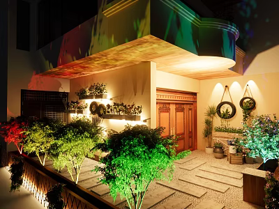Detached Villa With Wooden Door Courtyard Green Plants And Decorative Lighting 3d model