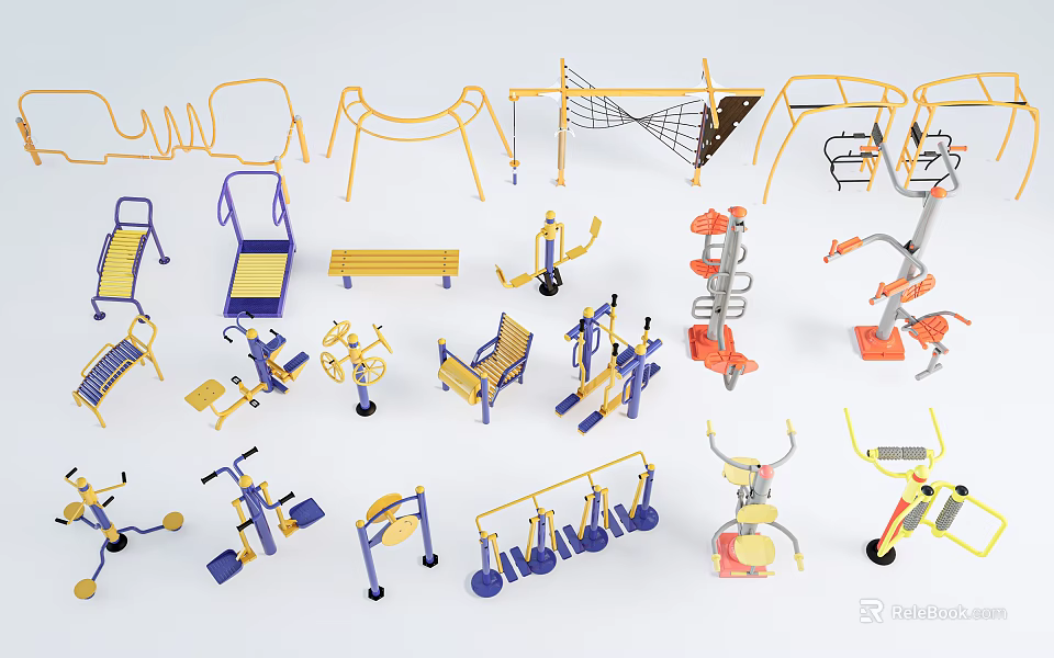 Fitness Equipment Assortment Featuring Outdoor Gym Tools And Various Exercise Machines 3d model 