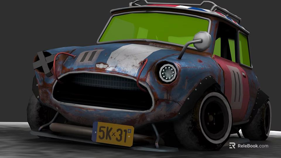 Vintage Modified Car With Blue White Red Rusty Exterior And Headlights 3d model 
