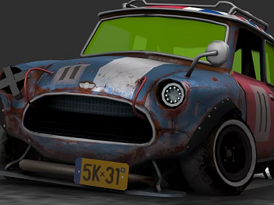 Vintage Modified Car With Blue White Red Rusty Exterior And Headlights 3d model