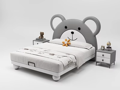 Cute Kids Bed with Gray Bear Headboard White Frame Soft Bedding Side Tables Stuffed Toys 3d model