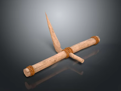 Handcrafted Wooden Primitive Tool Featuring Cross Structure Rope Wrapped And Pointed Tip 3d model