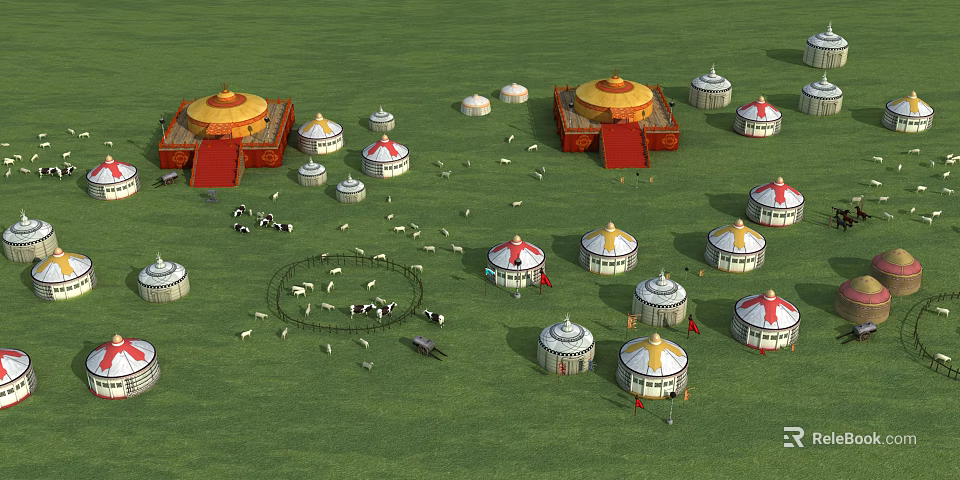 Traditional Mongolian Yurts on Green Grassland with Grazing Herds and Colorful Tops 3d model 