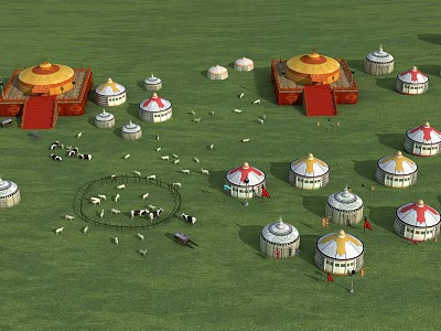 Traditional Mongolian Yurts on Green Grassland with Grazing Herds and Colorful Tops 3d model