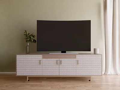 Modern White Textured TV Stand with Black TV Green Plant and Wooden Floor 3d model