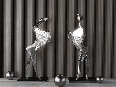 Modern Abstract Metal Floor Lamps With Dark Striped Wall And Decorative Balls 3d model