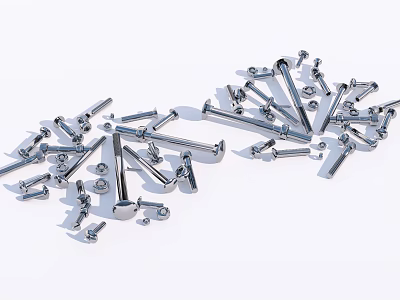 Various Silver Metal Faucet Parts Including Bolts Rods And Connectors Scattered 3d model