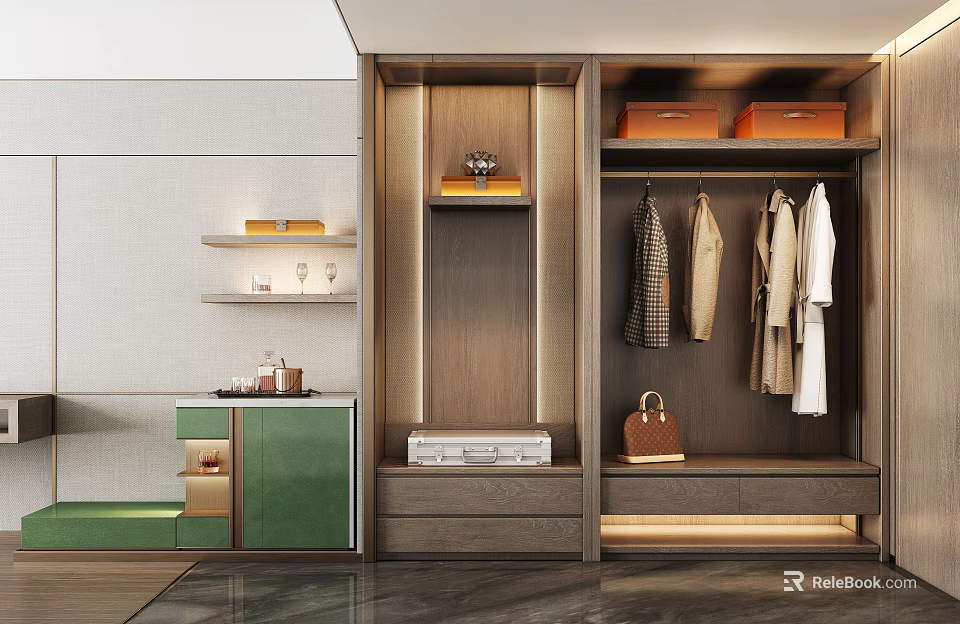 Hotel Guest Room Interior With Wooden Wardrobe Hanging Clothes Bag Drawers And Shelves 3d model 