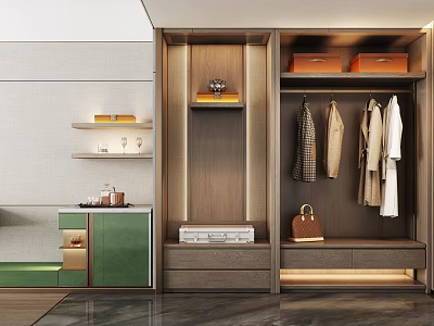 Hotel Guest Room Interior With Wooden Wardrobe Hanging Clothes Bag Drawers And Shelves 3d model