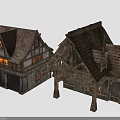 Medieval Style Wooden House Architecture Models With Sloped Roofs And Lit Windows