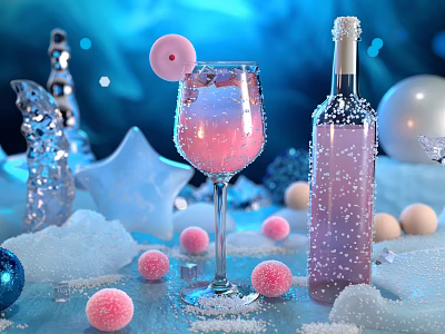Sparkling Pink Gradient Cocktail in Glass with Decorative Bottle Ice Cubes and Pink Balls 3d model