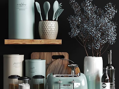 Stylish Kitchenware Collection with Coffee Canister Spoons Wooden Shelf Chopping Board and Toaster 3d model