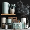 Stylish Kitchenware Collection with Coffee Canister Spoons Wooden Shelf Chopping Board and Toaster