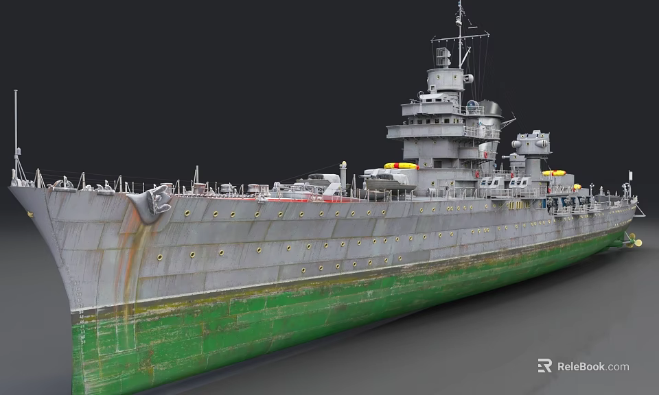 Vintage Military Warship With Green Hull Gray Upper Structure And Main Turret 3d model 