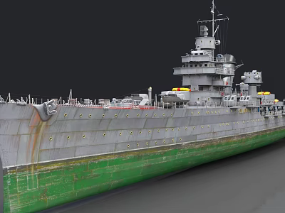 Vintage Military Warship With Green Hull Gray Upper Structure And Main Turret 3d model