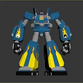 Blue And Yellow Robot Figure With Flame Patterns And Mechanical Body Design 3d model