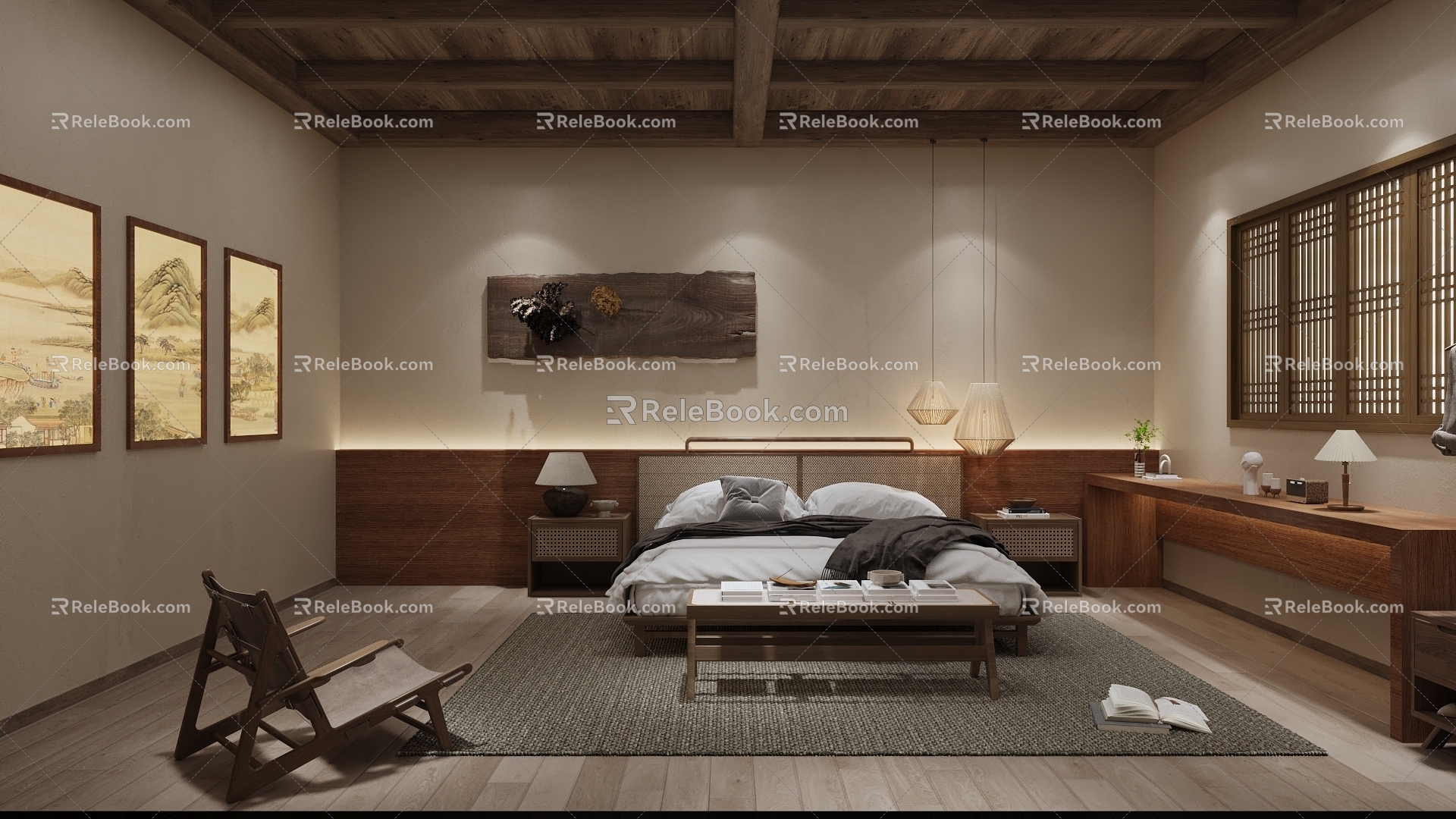 Quiet Hotel Room Double Bed House Quiet Homestay Hanging Picture Wooden Roof 3d model