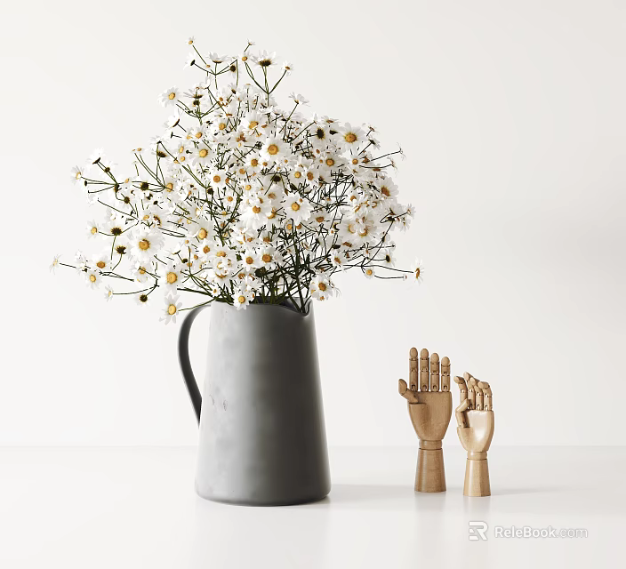 Grey Jug Shaped Vase With White Daisies And Wooden Hand Models Against Minimalist White Background 3d model 