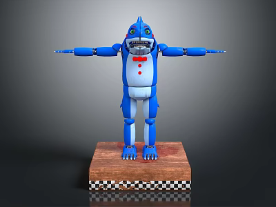 Blue Shark Head Character With Red Bow Tie White Belly On Brown Checkered Base 3d model