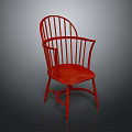Red Wooden Single Chair With Spindle Back Design And Curved Armrests