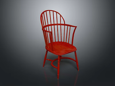 Red Wooden Single Chair With Spindle Back Design And Curved Armrests 3d model