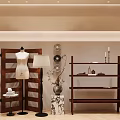 Clothing Store Interior With Mannequin Wooden Screen Shelves And Decorative Lamps