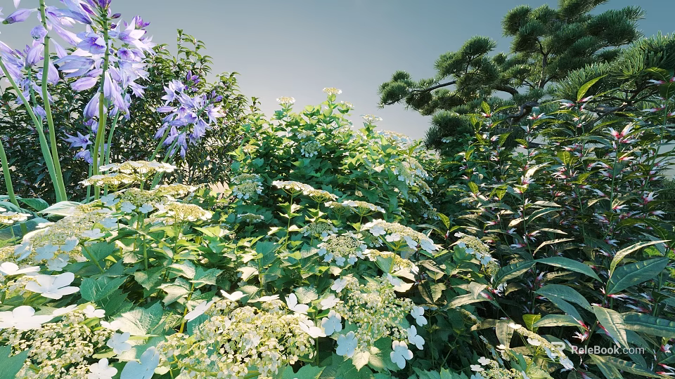 Vibrant Green Shrubs In Sunlit Outdoor Garden With Purple Flowers And Lush Foliage 3d model 