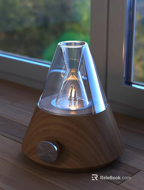 Modern Electronic Table Lamp With Transparent Glass Shade Wooden Base On Wooden Table By Window 3d model 