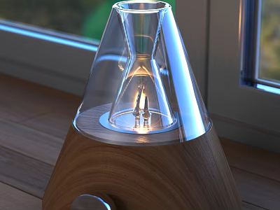 Modern Electronic Table Lamp With Transparent Glass Shade Wooden Base On Wooden Table By Window 3d model