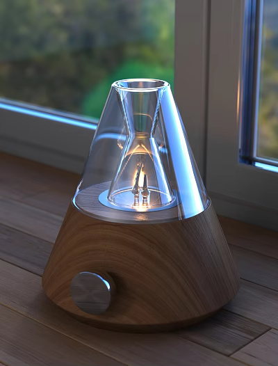 Modern Electronic Table Lamp With Transparent Glass Shade Wooden Base On Wooden Table By Window 3d model