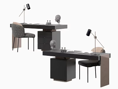 Modern Home Office Desks With Table Lamps Sculptures And Comfortable Chairs 3d model
