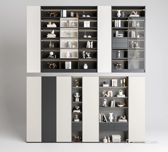 Modern Stylish Bookcase with Multiple Shelves Decorative Items Books and Ornaments 3d model 