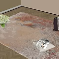Square Rug on Wooden Floor with White Flowers Vase Folded Newspapers Magazines and Dark Cloth