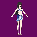A Woman Wearing Bikini Top And Blue White Patterned Skirt Against Purple Background