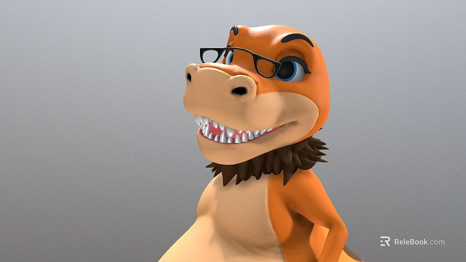 Friendly Orange Cartoon Dinosaur 3D Model With Glasses And Brown Mane 3d model 