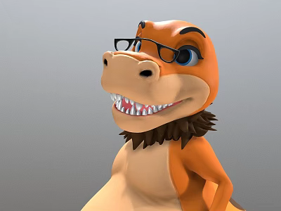 Friendly Orange Cartoon Dinosaur 3D Model With Glasses And Brown Mane 3d model