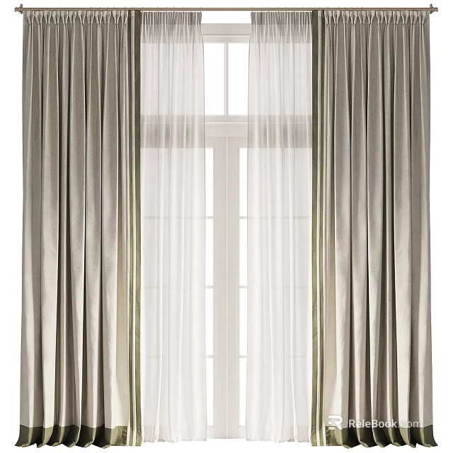 Layered Beige Curtains With White Sheer Panels For Window Home Decor 3d model 