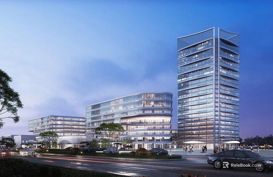 Modern Office Building Complex With Glass Walls Tall And Low Rise Structures And Greenery 3d model 