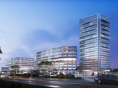 Modern Office Building Complex With Glass Walls Tall And Low Rise Structures And Greenery 3d model
