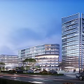 Modern Office Building Complex With Glass Walls Tall And Low Rise Structures And Greenery