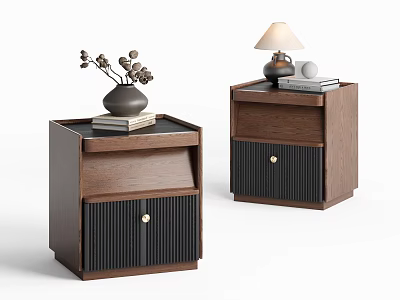Wooden Bedside Tables With Modern Design Vase Dried Flowers Table Lamp And Books 3d model