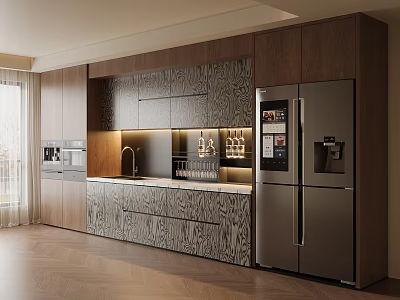 Modern Kitchen Sideboard Interior Design With Wooden Cabinets Stainless Steel Refrigerator And Glass Doors 3d model