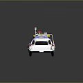 White Classic Car With Red Blue Lights Yellow Storage Boxes Ladder and Red Side Stripes