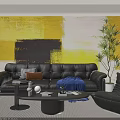 Yellow Abstract White Sofa Background Wall With Black Leather Sofa Throw Pillows And Green Plant