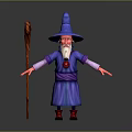 Man Dressed As Wizard With Blue Pointed Hat White Beard Purple Robe And Wooden Staff