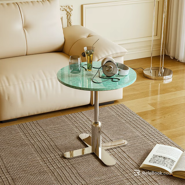 Green Round Glass Top Side Table With Metal Cross Base And Glass Cup Perfume Headphones 3d model 