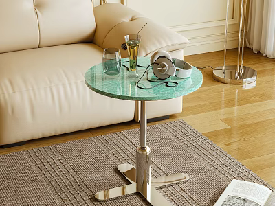 Green Round Glass Top Side Table With Metal Cross Base And Glass Cup Perfume Headphones 3d model